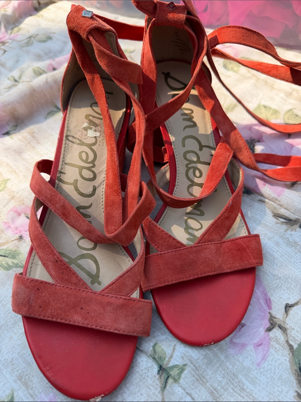 Sam Edelman Coral-Red Suede Lace-Up Sandals